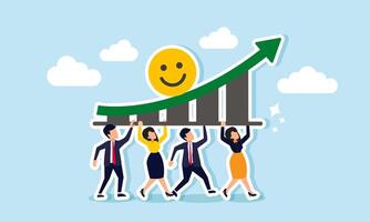 A business group or joint venture working together to lift an upward chart featuring a smiley emoticon, illustration of joint venture to boost business engagement with target market vector