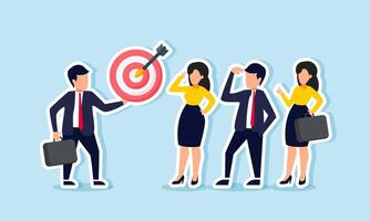 A businessman presenting a target board to several business partners, illustration of showing and presenting business targets to partners vector
