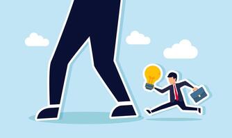 A businessman carrying a lightbulb running to catch up with a giant foot, illustrating chasing innovation and new ideas of a giant company vector