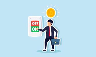 A businessman pressing the ON button to make shiny bitcoins, illustrating success in applying bitcoin investments to achieve good profits vector