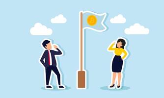 A businessman and businesswoman standing by a Bitcoin flagpole, observing it, illustration of analyzing and monitoring the strong performance of Bitcoin investment assets vector