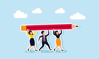 A business group or joint venture working together to lift a pencil, illustration of joint venture in designing a collaborative business system model vector