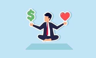 A businessman meditating with dollar and heart signs in both hands, illustration of clear thinking to decide between profit and favored business products vector