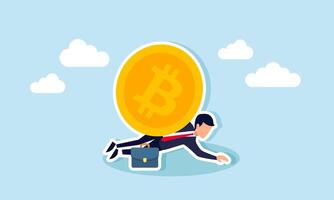 A businessman trapped under a bitcoin, unable to break free, illustration of bitcoin asset loss and stagnation vector