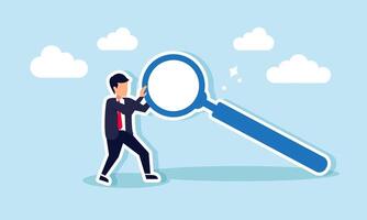 A businessman trying to lift a magnifying glass, illustration of efforts to find solutions and analyze business problems vector