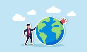 A businessman standing next to a globe with an alarm light, illustration of alertness in global business trends relevant to the target market vector