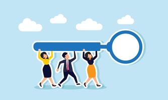 A business group or joint venture collaborating to lift a magnifying glass, illustration of joint venture efforts to investigate and find solutions to business problems vector