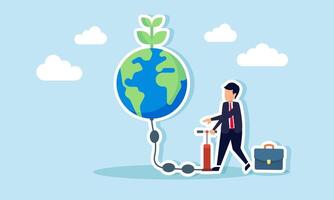 A businessman pumping a globe with green plants, illustration of efforts to sustain a business that recognizes the importance of going green vector