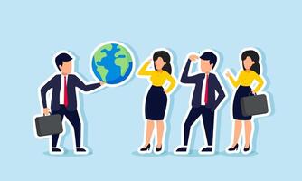 A businessman presenting a globe to several business partners, illustration of showing and presenting business trends to partners vector