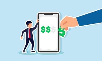 A businessman holding a smartphone a series of dollar signs, with a hand bringing a dollar sign to place on smartphone, illustrating receiving payment for completed business projects vector