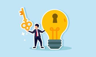 A businessman holding a key stands beside a lamp with a keyhole, illustration of finding solutions through relevant innovations and new business ideas vector