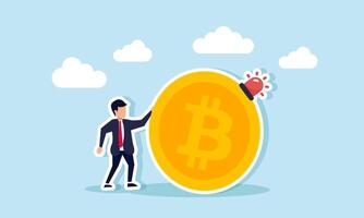 A businessman standing next to bitcoin with an alarm light, illustration of alertness regarding the progress of bitcoin investment asset performance vector