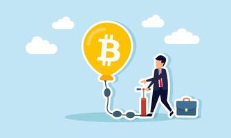 A businessman pumping a bitcoin balloon, illustration of maintaining and increasing bitcoin assets for growth and development vector
