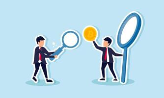 Two businessmen each hold magnifying glasses the one with a larger magnifying glass successfully finds a bitcoin, illustrating successful for better profits in bitcoin investment vector