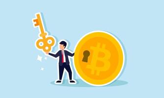 A businessman holding a key stands beside a bitcoin with a keyhole, illustration of finding solutions through the application of analysis and bitcoin investment strategies vector