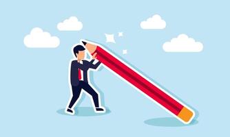 A businessman trying to lift a pencil, illustration of efforts to design a solid business model relevant to the target market vector