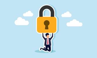 A businessman kneeling while lifting a padlock, illustration of the burden carried from owning assets and confidential company documents vector