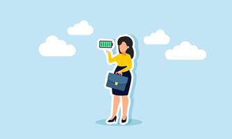 A businesswoman standing and showing a fully charged battery, illustration of optimal physical condition and ideas enhancing work productivity vector