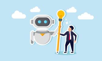 A businessman and an AI robot holding a pencil with a light tip, illustrating the use of AI in discovering and acquiring new business innovations and ideas vector