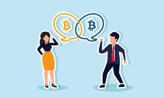 A businessman and businesswoman talking while showing a chat dialog containing bitcoin, illustrating a discussion about bitcoin strategies and analysis vector
