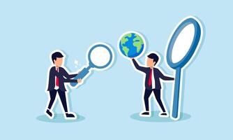 Two businessmen each hold magnifying glasses, the one with a larger magnifying glass successfully finds a globe, illustrating successful for an international business scale advantage vector