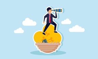A businessman looking through a telescope from atop a nest of light bulbs, illustrating the search for new business innovations and ideas vector