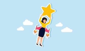 A businesswoman carrying a star using a rocket to fly into the sky, illustrating the boost in ratings to maintain and improve quality vector