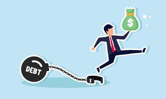 A businessman jumping with a bag of money, escaping from the chains of debt, illustration of securing business assets after settling business debts vector