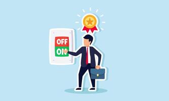 A businessman pressing the ON button to make a shining award medal, illustrating success in applying effective business management to earn the best business title in its field vector