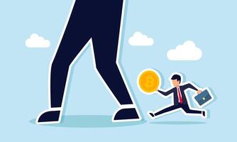 A businessman carrying bitcoin running to chase a giant foot, illustrating catching up on bitcoin investment assets of a giant company vector