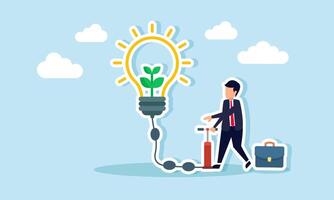 A businessman pumping a lamp with green plants, illustration of efforts to maintain a business focused on new and renewable energy sustainability vector