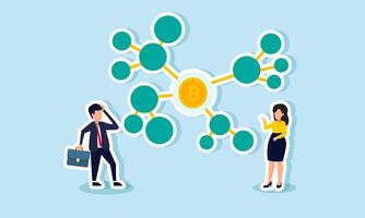 A businessman and businesswoman feel confused by a network centered around bitcoin, illustration of the complexity of making bitcoin investments vector