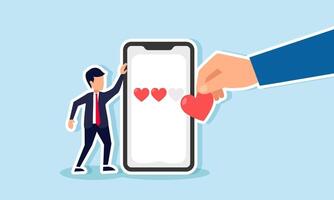 A businessman holding a smartphone displaying a series of hearts, with a hand bringing a heart to place on the smartphone, illustrating market evaluation of the business performance vector