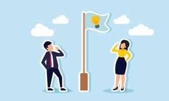 A businessman and businesswoman standing next to a light flagpole, observing it, illustration of monitoring and evaluating new business innovations and ideas being implemented vector