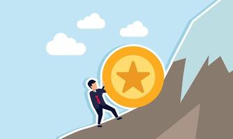 A businessman pushing an award medal to climb a mountain, illustration of striving to achieve the best business title despite the challenges vector