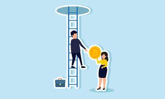 A businessman climbing stairs and asking a businesswoman for bitcoin, illustration of teamwork in enhancing bitcoin investment assets vector