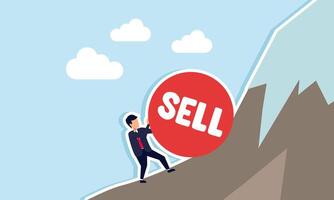 A businessman pushing a sell sign to climb a mountain, illustration of striving to sell and promote business services or products despite the challenges vector