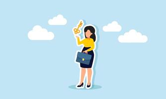 A businesswoman standing and presenting a key, illustration of providing solutions to business problems faced by companies vector