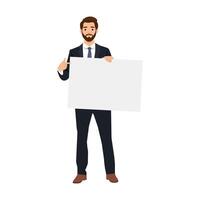 Young man holding or showing displaying white blank board. vector