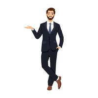 Happy businessman points to something. vector
