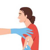 Unwell anxious girl scared frightened with needles and syringes. vector