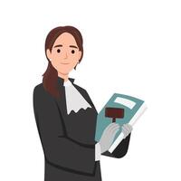 Woman judge with books and scales of justice. vector