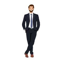 Businessman in dark suit standing with hands in pockets. vector