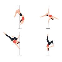 Woman pole dancer dancing poses on pole. vector
