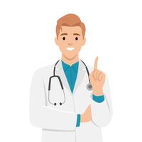 Young man doctor. A pose explained by pointing. vector