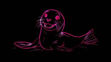 Neon frame effect, Sea Lion playful sea lion with flippers and a big smile on black background video