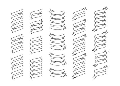 blanco etiqueta contorno cinta conjunto ilustración. negro línea curvo forma cintas, Desplazarse banderas o rizado etiqueta con blanco espacio para mensaje, aislado en blanco antecedentes para especial precio promoción vector