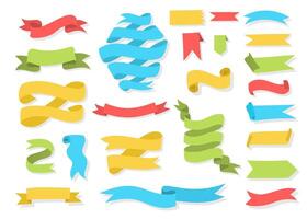 Hand drawn banner colorful set. Collection of elegant hand drawn flat banners with curved shapes and swirl ribbons in modern cartoon colors for retro style templates or decoration design vector