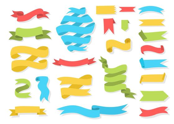 Hand drawn banner colorful set. Collection of elegant hand drawn flat banners with curved shapes and swirl ribbons in modern cartoon colors for retro style templates or decoration design