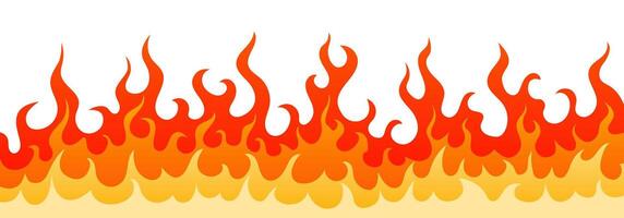 Stylish illustration with blazing wall of wildfire. Decoration frame with hot burning fire flame in red, orange and yellow colors isolated on white background for flammable web design vector